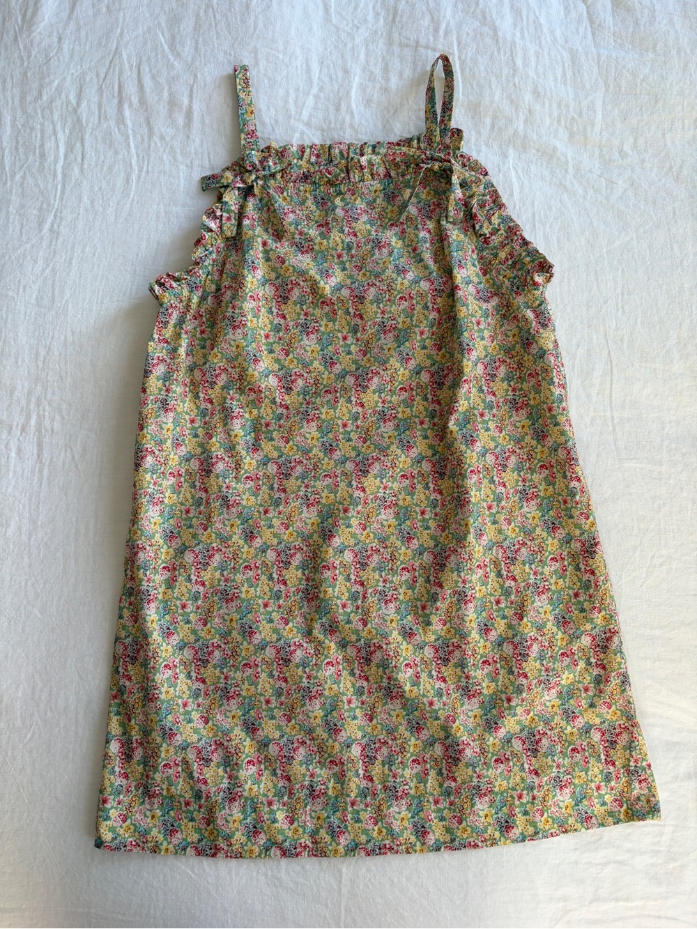 Doen Dee Cotton Ruffle Ribbon Bow Tie Strap Mini Dress Chrysanthemum Sky Floral
